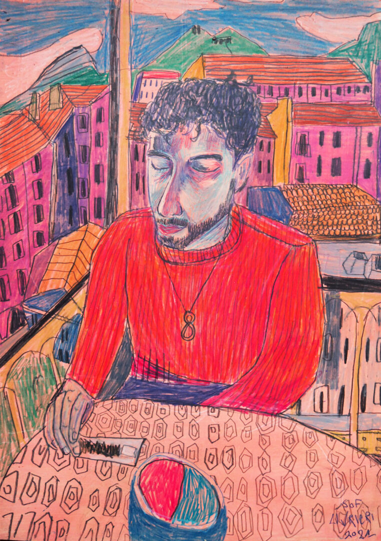 Sof rolling a cigarette, 29.7x42 colored pencil on paper